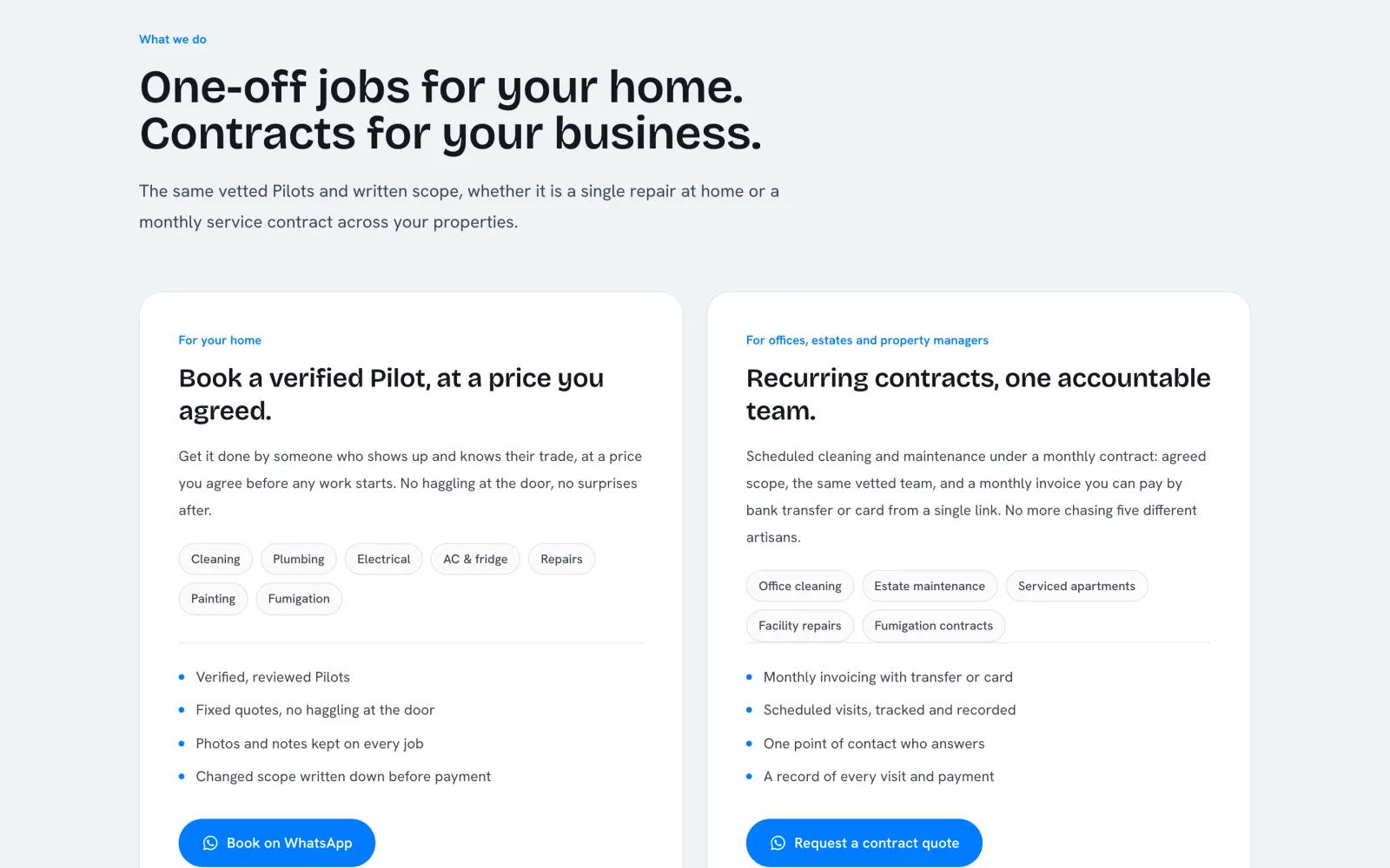 The servicepilot.ng services section: one-off jobs for homes and recurring contracts for offices, estates and property managers.