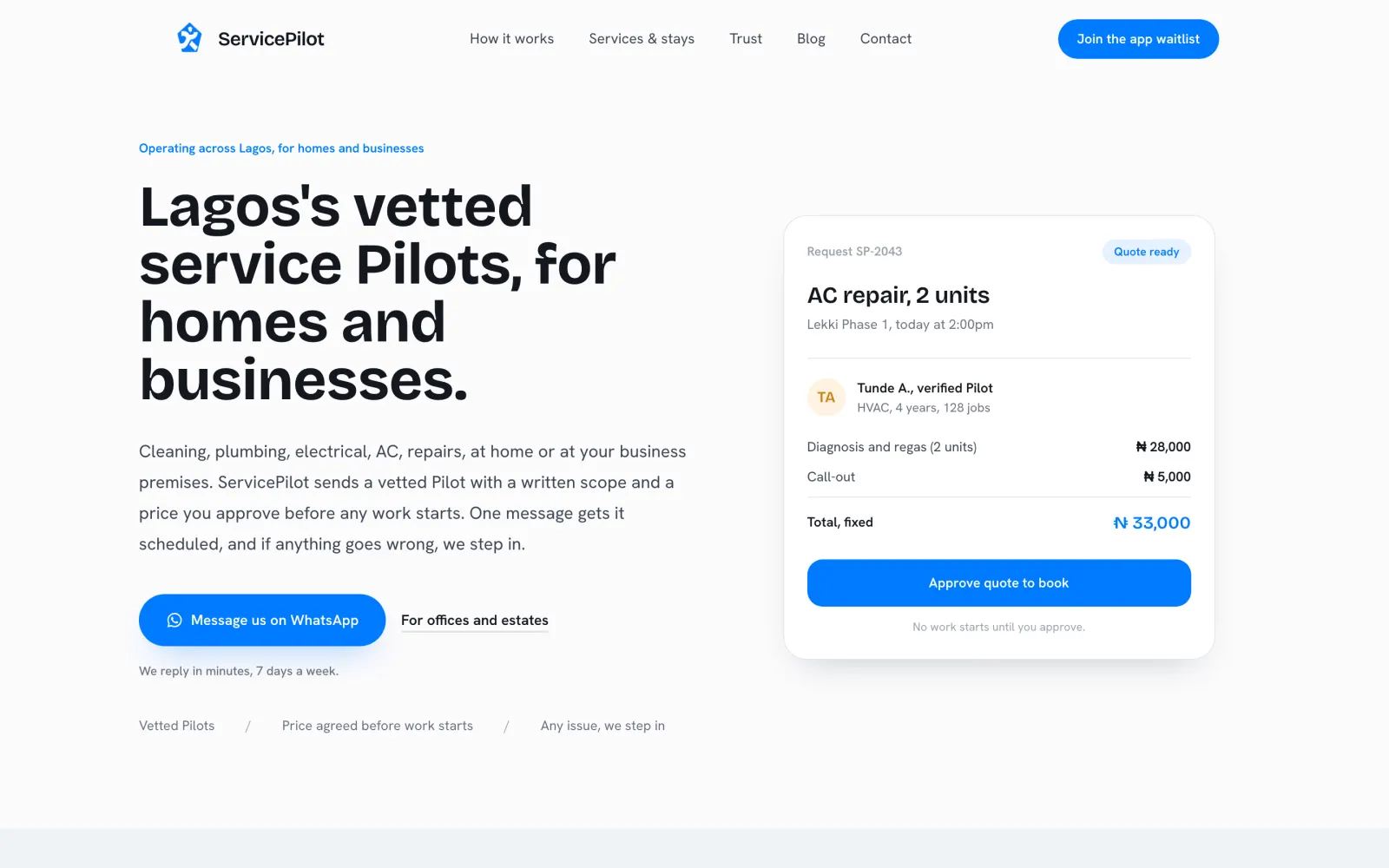 The servicepilot.ng home page: vetted service Pilots for Lagos homes and businesses, beside a fixed quote for an AC repair that the customer approves before booking.