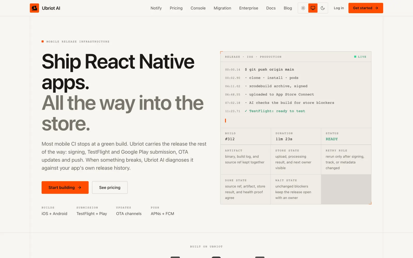 The ubriot.dev home page: Ship React Native apps all the way into the store, beside a release log that ends with a build ready in TestFlight.