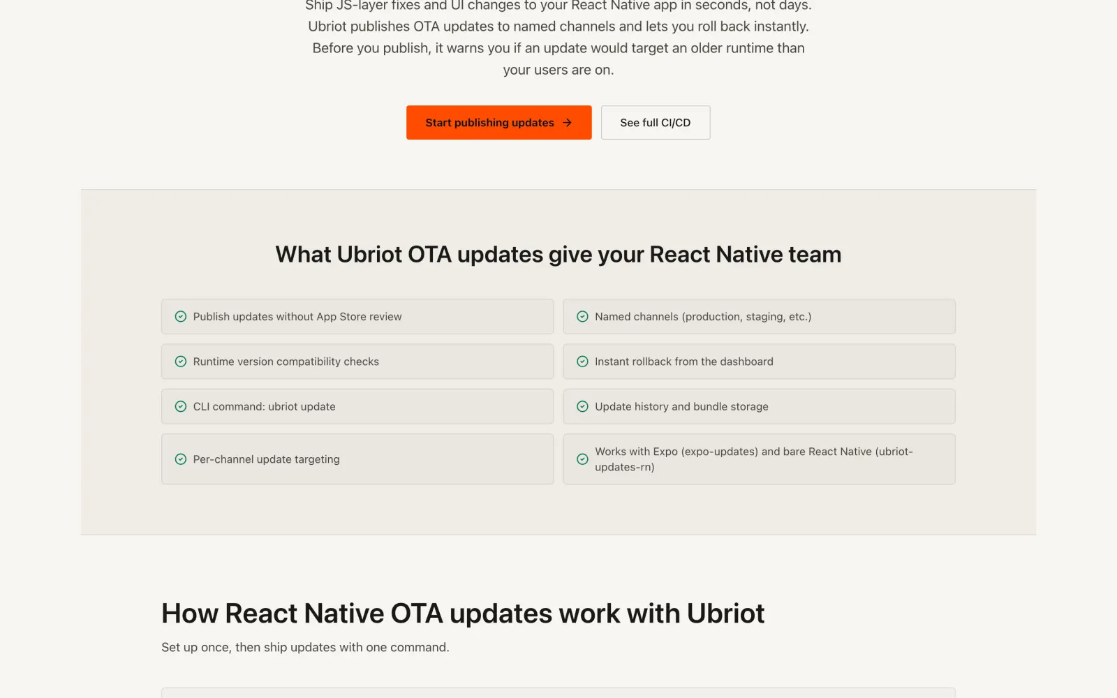 Ubriot over-the-air updates on ubriot.dev: updates published without App Store review, named channels, runtime version compatibility checks and instant rollback from the dashboard.
