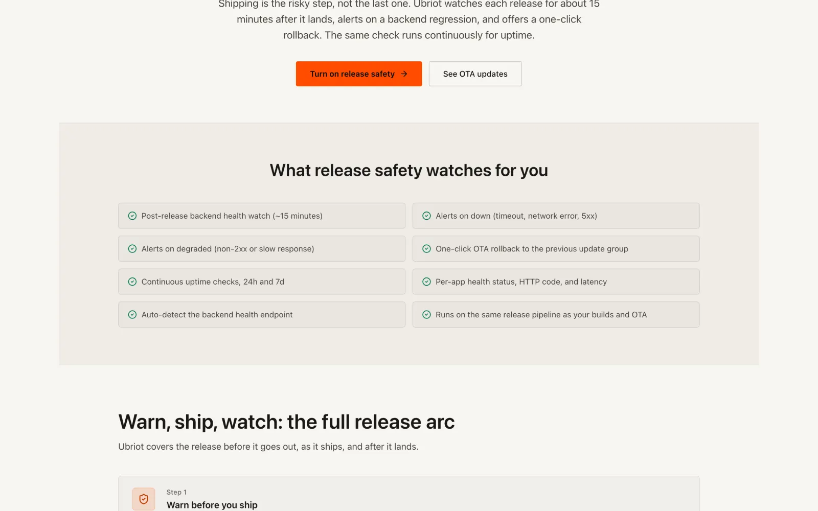 Ubriot release safety on ubriot.dev: a post-release backend health watch of about 15 minutes, alerts on down or degraded responses, one-click OTA rollback to the previous update group, and continuous uptime checks.